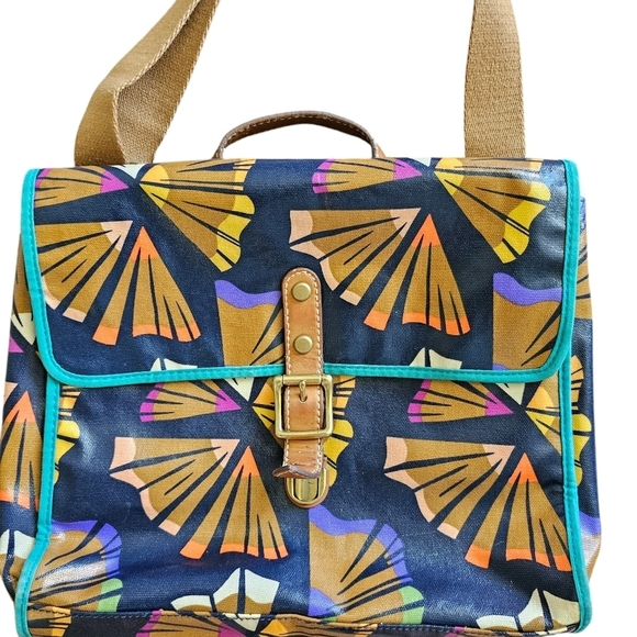 Fossil Canvas Coated Tropical Flower Dark Blue Cross Body Shoulder Bag Purse - Picture 2 of 7